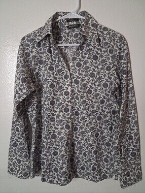 Eddie Bauer Black White Floral Long Sleeve Button Front Blouse Size M